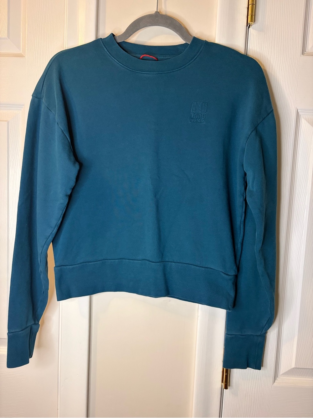 Topo Designs Women's Dirt Crew Sweatshirt Teal Blue Size Small Organic Cotton